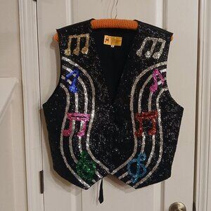 Vintage 90s black sequin vest with multi colored music notes Sz XL